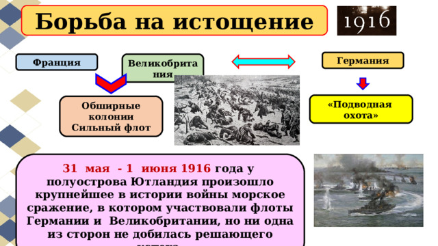 Борьба на истощение Германия Великобритания Франция «Подводная охота» Обширные колонии Сильный флот 31  мая  - 1  июня 1916  года у  полуострова Ютландия произошло крупнейшее в истории войны морское сражение, в котором участвовали флоты Германии и  Великобритании, но ни одна из сторон не добилась решающего успеха. 