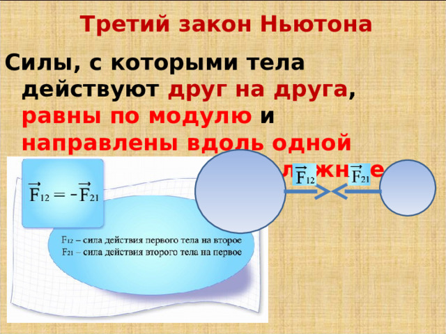 Третий закон Ньютона Силы, с которыми тела действуют друг на друга , равны по модулю и направлены вдоль одной прямой в противоположные стороны . 