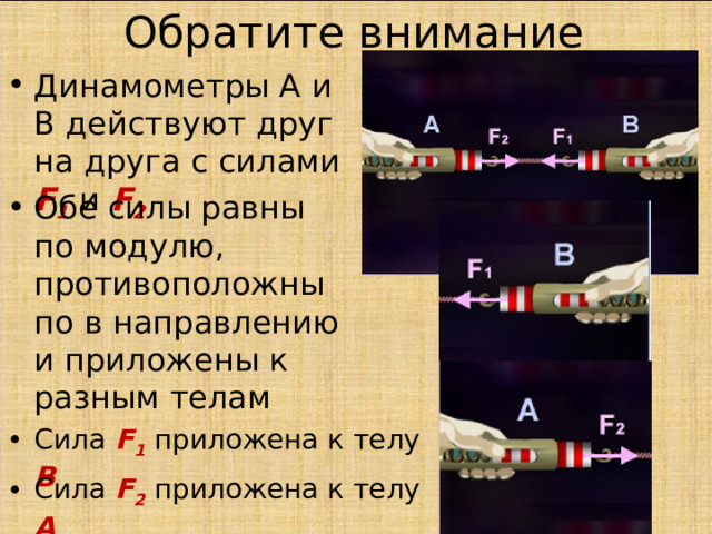 Обратите внимание Динамометры А и В действуют друг на друга с силами F 1  и  F 2  Обе силы равны по модулю, противоположны по в направлению и приложены к разным телам Сила F 1  приложена к телу В Сила F 2  приложена к телу А 